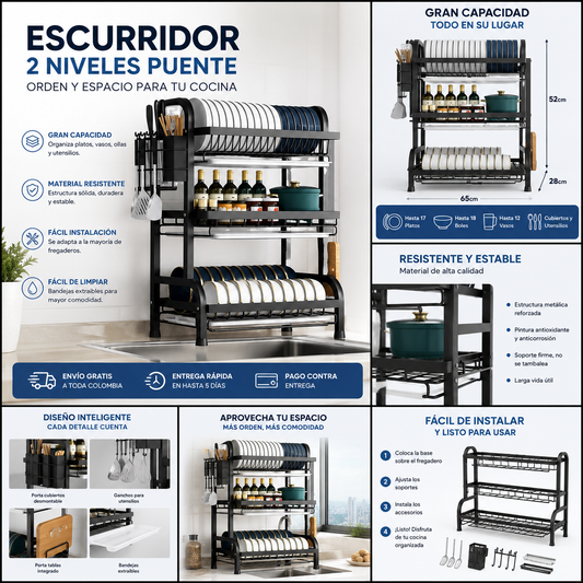 Escurridor Platos 3 Niveles En Acero Inoxidable