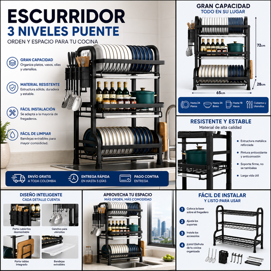 Escurridor de Platos 3 Niveles Acero Inoxidable Ahorra Espacio